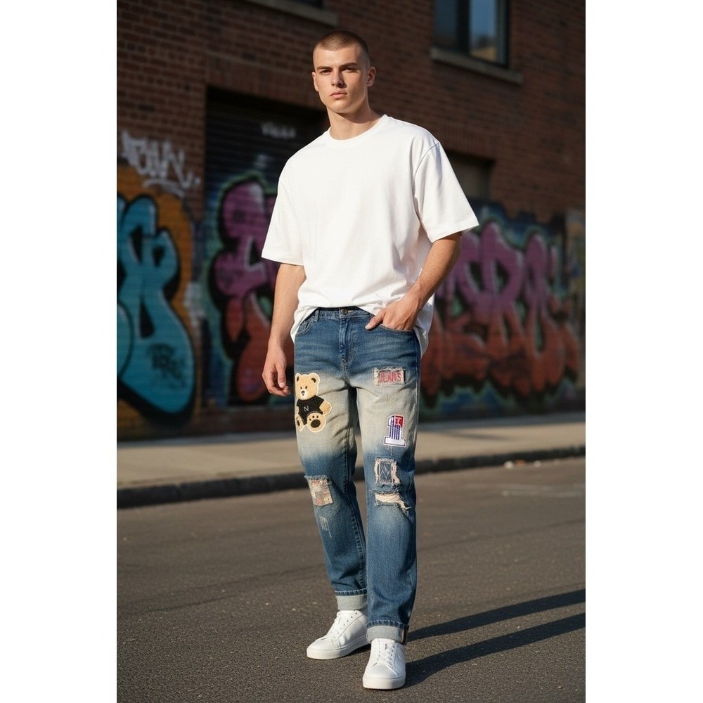 Mens Jeans 38x30 Blue Patchwork Ombre Teddy Bear Embroidered Straight streetwear